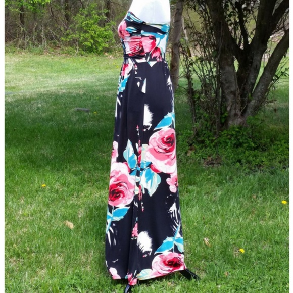 Rose Print Maxi Dress Stretch Fitted Waist EASTER! - Picture 2 of 6